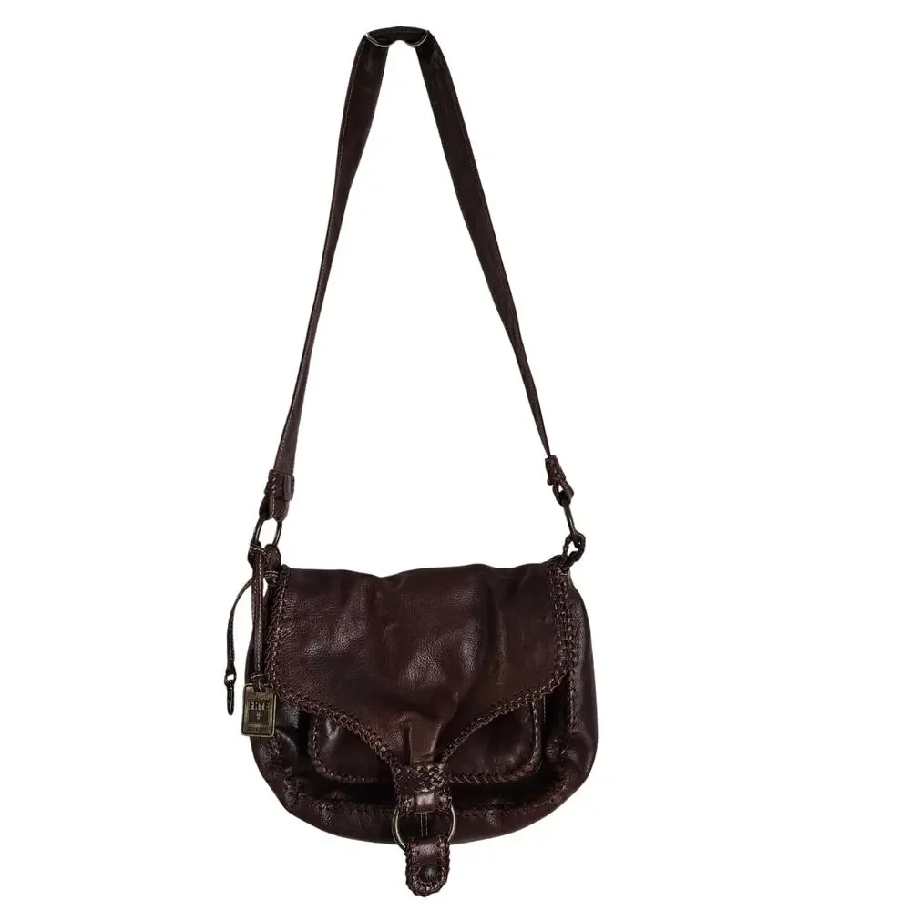 Frye Brown Leather Crossbody Bag Braided Trim - Picture 2 of 16